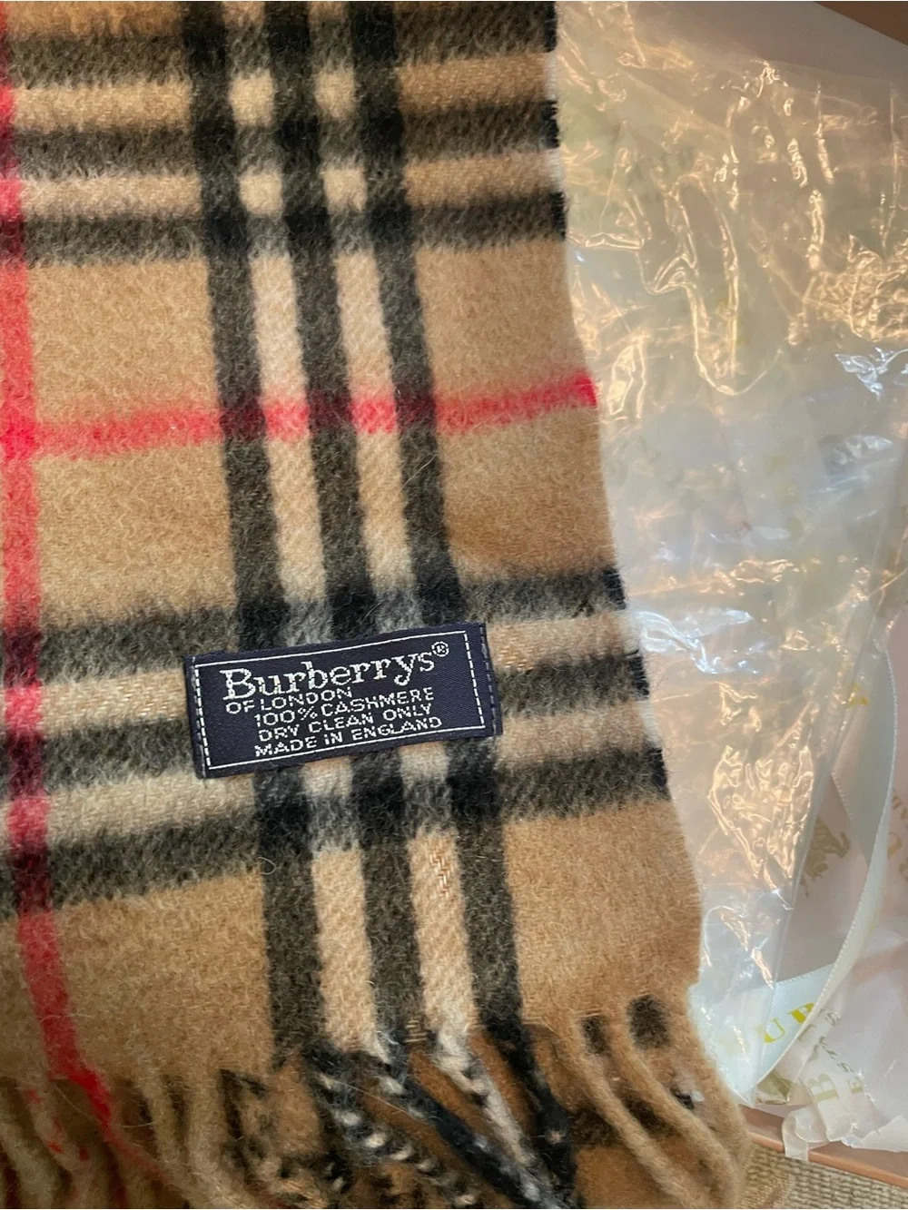 Burberry Beige Vintage Check Cashmere Scarf with Red Accent